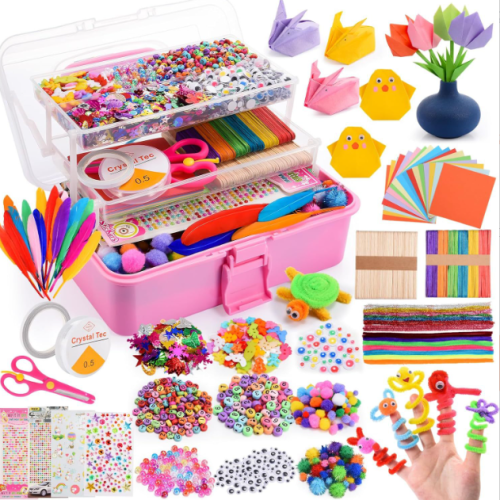 Storage Box Arts and Crafts Supplies for Kids -Christmas Crafts Kits with Pipe Cleaners, Construction Paper, Pom poms Googly Eyes, Crafts for Kids Ages 4-8, School Craft Projects, Birathday Gifts for Girls