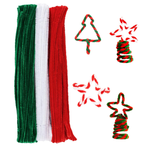 150 Pieces Christmas Pipe Cleaners Chenille Stem,50 White Craft Pipe Cleaners,50 Green Chenille Stems Pipe Cleaners, and 50 Red Pipe Cleaners for Arts and Crafts, Xmas Home Decoration