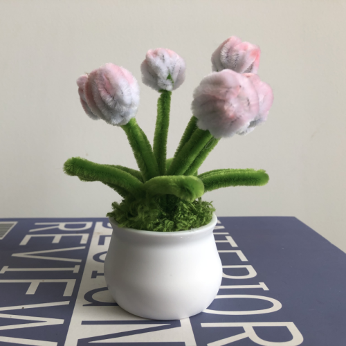 2 PCS * Handmade Pipe Cleaner White & Pink Flower Buds Green Leaves with Flowers Potted Plant Artificial Simulation Flowers Indoor Home Desktop Party Wedding Decor 