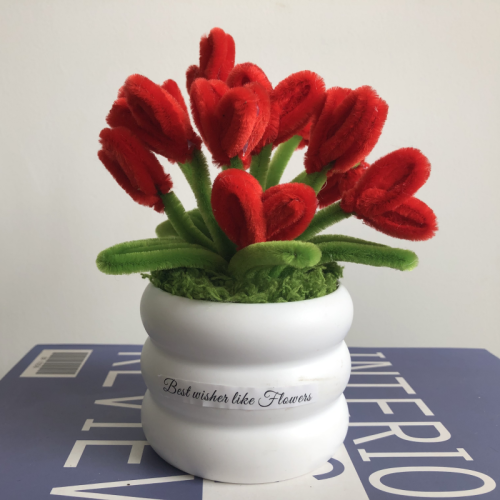 Handmade Pipe Cleaner Red Love Hearts Green Leaves with Flowers Potted Plant Artificial Simulation Flowers Indoor Home Desktop Party Wedding Decor 