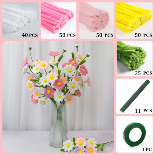 Fuzzy Pipe Cleaner Chenille Stems DIY Craft Supplies For Daisy Flower Branch Green Leaves Handmade Flower Making Kit
