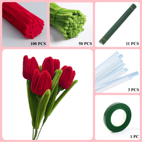 150 PCS * Pipe Cleaner Chenille Stems Handmade Tulip Flower Making Kit DIY Art Flower Bouquet Craft Set Hot Glue Sticks Tape 