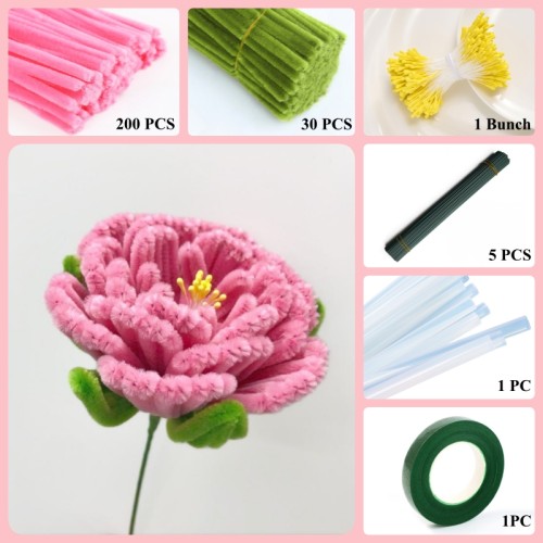 230 PCS * Pipe Cleaner Chenille Stems Handmade Peony Flower Making Kit DIY Art Flower Bouquet Craft Set Hot Glue Sticks Tape 