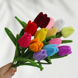 20 PCS * Handmade Pipe Cleaner Tulip Flower Bud Green Leaves Artificial Simulation Flower Indoor Home Desktop Party Wedding Decor