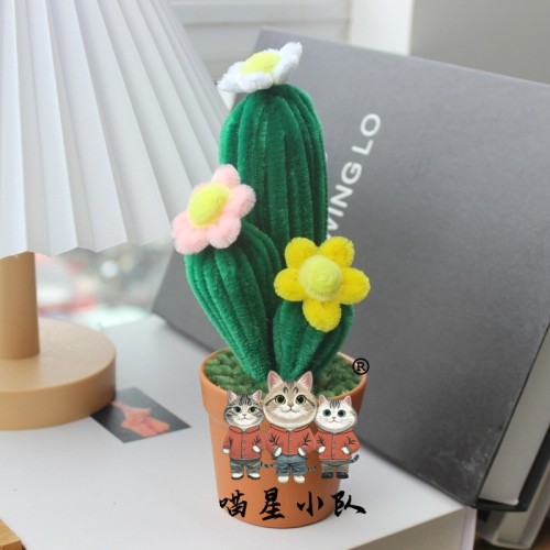 2 PCS * Handmade Pipe Cleaner Green Cactus with Flowers Potted Plant Artificial Simulation Flowers Indoor Home Desktop Party Wedding Decor 