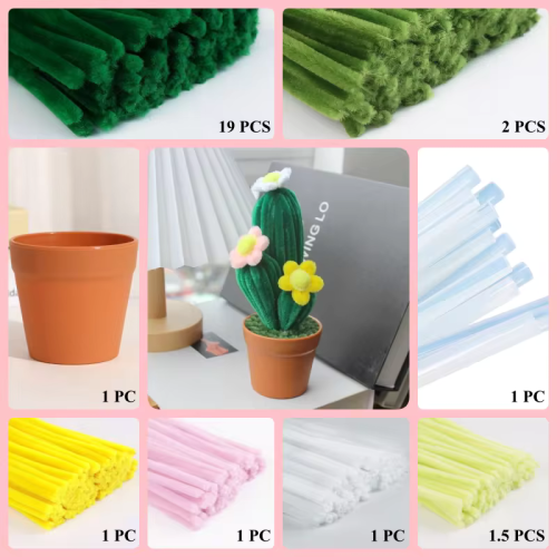 26 PCS * Pipe Cleaner Chenille Stems Handmade Cactus with Flowers Potted Plant Making Kit DIY Art Flower Bouquet Craft Set