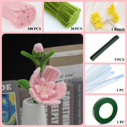 130 PCS * Pipe Cleaner Chenille Stems Handmade Camellia Flower Making Kit DIY Art Flower Bouquet Craft Set Hot Glue Sticks Tape 