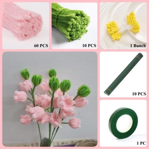 70 PCS * Pipe Cleaner Chenille Stems Handmade Lily of the Valley Making Kit DIY Art Flower Bouquet Craft Set Hot Glue Sticks Tape 