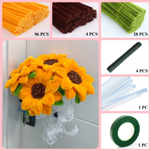 128 PCS * Pipe Cleaner Chenille Stems Handmade 12 cm Sunflower Making Kit DIY Art Flower Bouquet Craft Set Hot Glue Sticks Tape