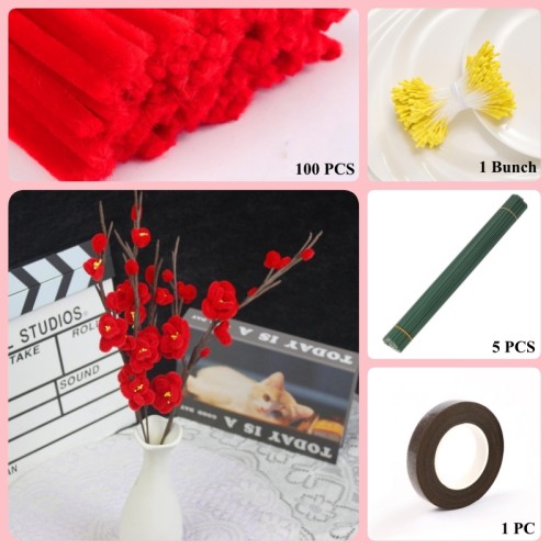 100 PCS * Pipe Cleaner Chenille Stems Red Plum Blossom Making Kit DIY Art Flower Bouquet Craft Set
