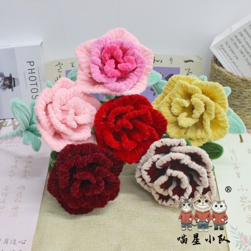 1 PCS * Handmade Pipe Cleaner Rose Flower Green Leaves Artificial Simulation Flower Indoor Home Desktop Party Wedding Decor