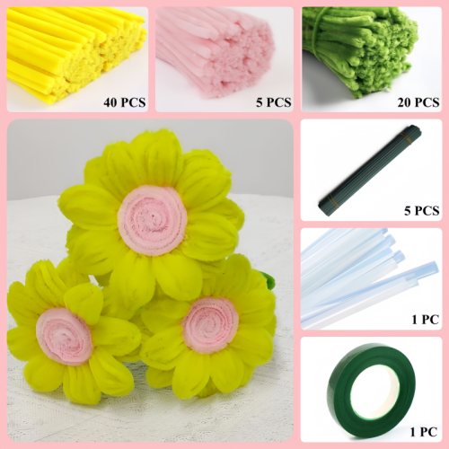 65 PCS * Pipe Cleaner Chenille Stems Handmade Sunflower Making Kit DIY Art Flower Bouquet Craft Set Hot Glue Sticks Tape 