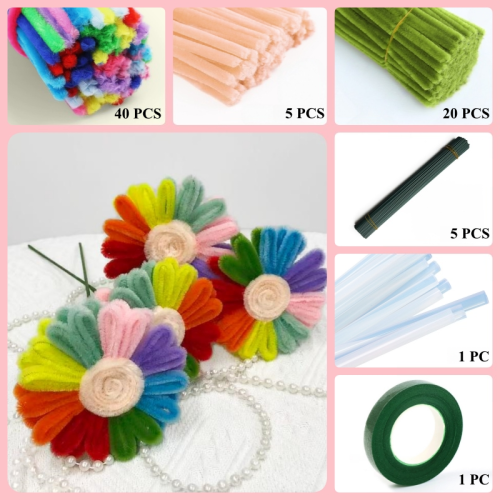 65 PCS * Pipe Cleaner Chenille Stems Handmade Multicolor Sunflower Making Kit DIY Art Flower Bouquet Craft Set Hot Glue Sticks Tape 