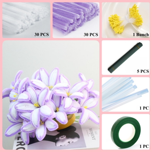 60 PCS * Pipe Cleaner Chenille Stems Handmade Bicolor Lily Flower Making Kit DIY Art Flower Bouquet Craft Set Hot Glue Sticks Tape 