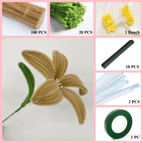 120 PCS * Pipe Cleaner Chenille Stems Handmade Lily Flower Making Kit DIY Art Flower Bouquet Craft Set Hot Glue Sticks Tape 