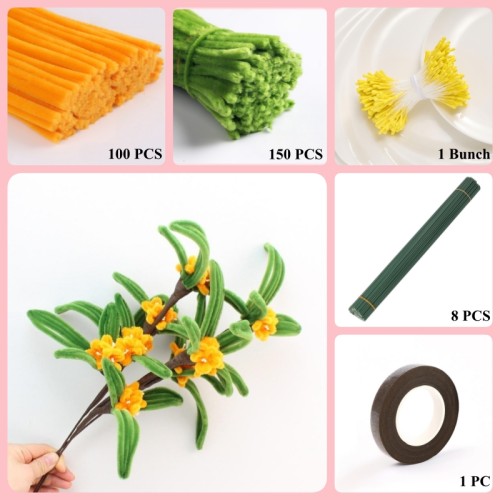 250 PCS * Pipe Cleaner Chenille Stems Handmade Osmanthus Flower Making Kit DIY Art Flower Bouquet Craft Set Hot Glue Sticks Tape 