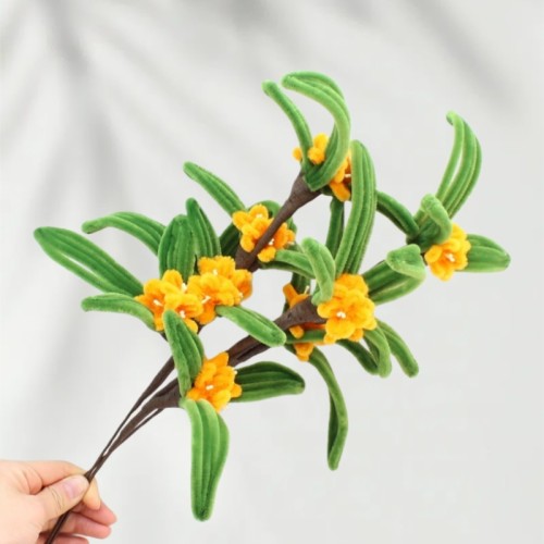 10 PCS * Handmade Pipe Cleaner Osmanthus Flower Green Leaves Artificial Simulation Flower Indoor Home Desktop Party Wedding Decor 