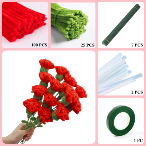 125 PCS * Pipe Cleaner Chenille Stems Handmade Carnation Flower Making Kit DIY Art Flower Bouquet Craft Set Hot Glue Sticks Tape 