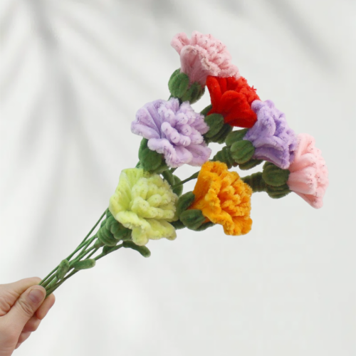 15 PCS  * Handmade Pipe Cleaner Carnation Flower Green Leaves Artificial Simulation Flower Indoor Home Desktop Party Wedding Decor 