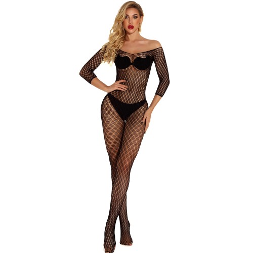 Women's Black Sexy Fishnet Long Sleeve Body Stockings Off Shoulder Bodysuit