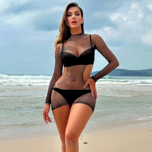 Women's Black Sexy Lingerie Long Sleeve Short Mini Skirt See through Net Clothes