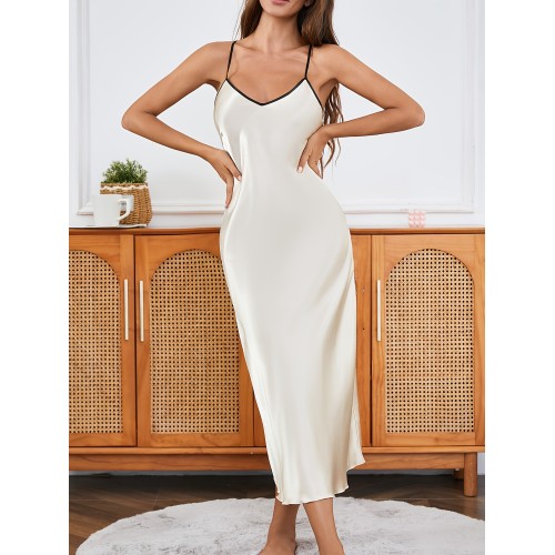 Women's Sexy Lingerie Sleeveless V-neck A-line Long Sleeping Skirt Dress Imitation Silk