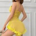 Women's Sexy Lingerie Sleeveless Yellow Floral Hemline Lace & Mesh Short Sleeping Skirt Dress