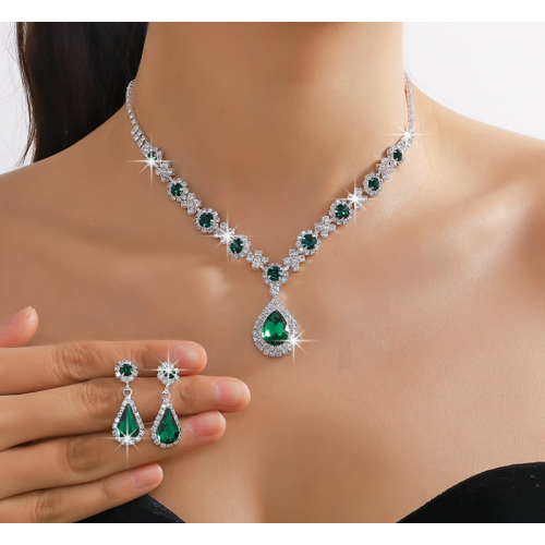 Women's Green Color Fashion Wedding Jewelry Luxury Crystal Pearl Necklace/EarringsLadies Jewelry Sets for Bridal
