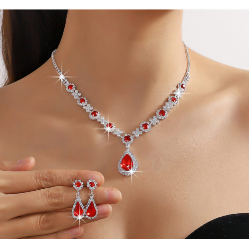 Women's Red Color Fashion Wedding Jewelry Luxury Crystal Pearl Necklace/EarringsLadies Jewelry Sets for Bridal