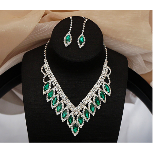 Women's Green Fashion Wedding Jewelry Luxury Crystal Pearl Necklace/EarringsLadies Jewelry Sets for Bridal