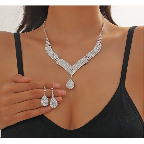Women's Silver Fashion Wedding Jewelry Luxury Crystal Pearl Necklace/Earrings Ladies Jewelry Sets for Bridal