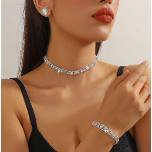Women's Silver Color Fashion Wedding Jewelry Luxury Crystal Pearl Necklace/Earrings/Bracelet Ladies Jewelry Sets for Bridal