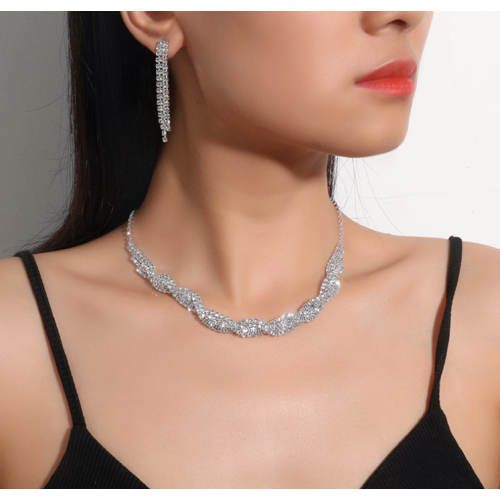 Women's Silver Fashion Wedding Jewelry Luxury Crystal Pearl Necklace/Earrings Ladies Jewelry Sets for Bridal