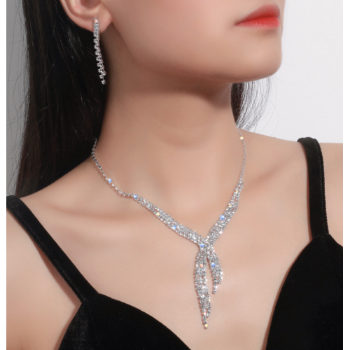 Women's Silver Fashion Wedding Jewelry Luxury Crystal Pearl Necklace/Earrings Ladies Jewelry Sets for Bridal