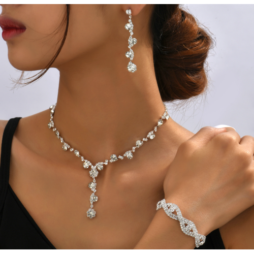 Women's Silver Color Fashion Wedding Jewelry Luxury Crystal Pearl Necklace/Bracelet/Ring/Earrings Ladies Jewelry Sets for Bridal