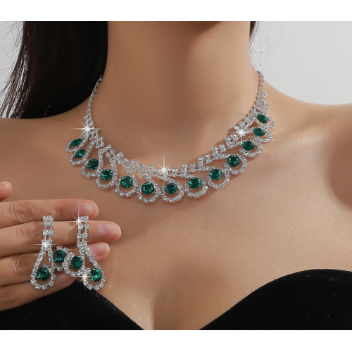 Women's Green Fashion Wedding Jewelry Luxury Crystal Pearl Necklace/Earrings Ladies Jewelry Sets for Bridal