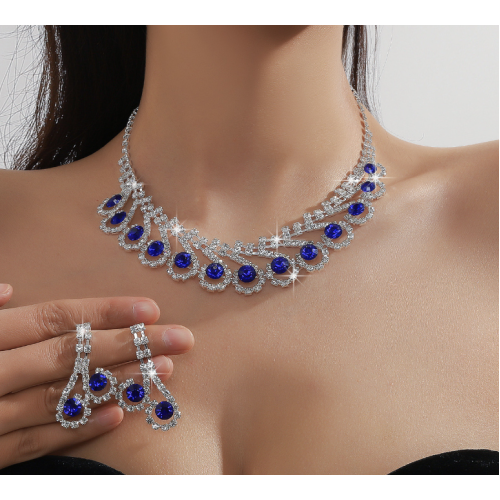 Women's Blue Fashion Wedding Jewelry Luxury Crystal Pearl Necklace/Earrings Ladies Jewelry Sets for Bridal