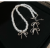 Women's Silver Fashion White Pearl Butterfly Wedding Jewelry Luxury Crystal Pearl Necklace/Earrings Ladies Jewelry Sets for Bridal