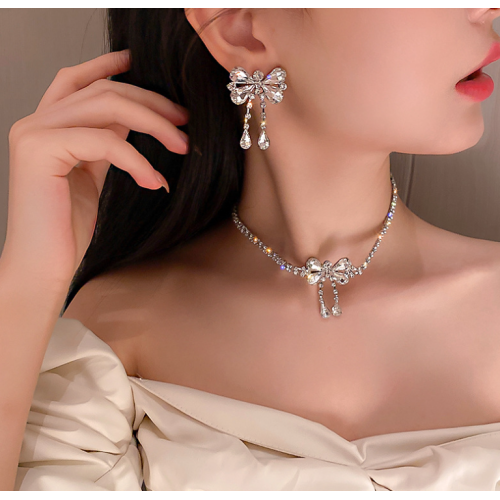 Women's White Fashion White Butterfly Wedding Jewelry Luxury Crystal Pearl Necklace/Earrings Ladies Jewelry Sets for Bridal