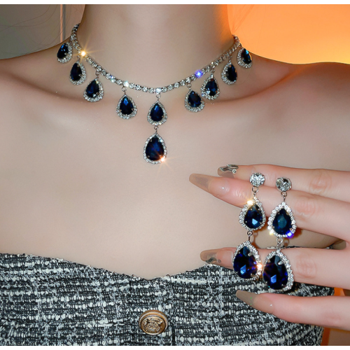 Women's Blue Fashion Wedding Jewelry Luxury Crystal Pearl Necklace/Earrings Ladies Jewelry Sets for Bridal Women's Blue Fashion Wedding Jewelry Luxury Crystal Pearl Necklace/Earrings Ladies Jewelry Sets for Bridal