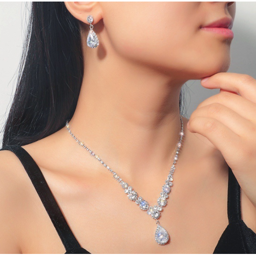 Women's Silver Color Fashion Wedding Jewelry Luxury Crystal Pearl Necklace/Earrings Ladies Jewelry Sets for Bridal
