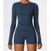 2pcs Dark Blue Yoga Sets Womens Outfits Peach Hip Lifting Suit Neck Hanging Sports Bra Shockproof Quick Drying Shorts Set Female Tracksuit