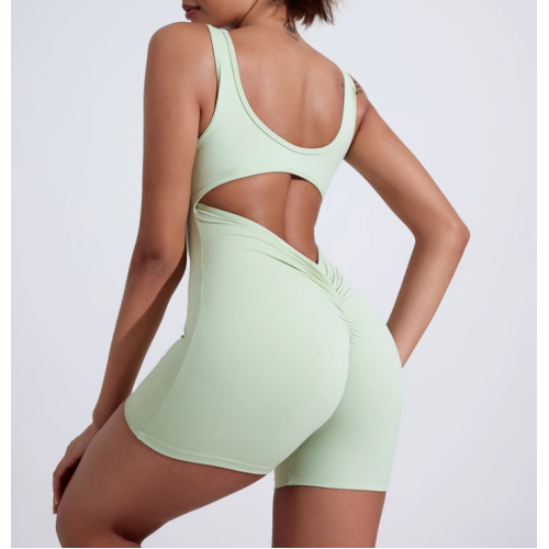 Green sports jumpsuit quick drying integrated V-shaped back running fitness suit tight fitting beautiful back yoga suit