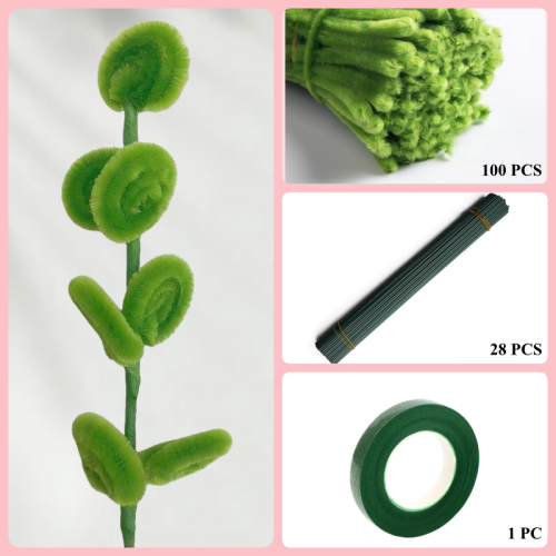 100 PCS * Pipe Cleaner Chenille Stems Handmade Green Eucalyptus Leaves Making Kit DIY Art Flower Bouquet Craft Set