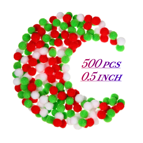 500 Pcs 0.5 Inch Polypropylene Pompoms for Craft Making, Small Pom Poms Balls Art and Craft DIY Decorations(Red, Green, White)